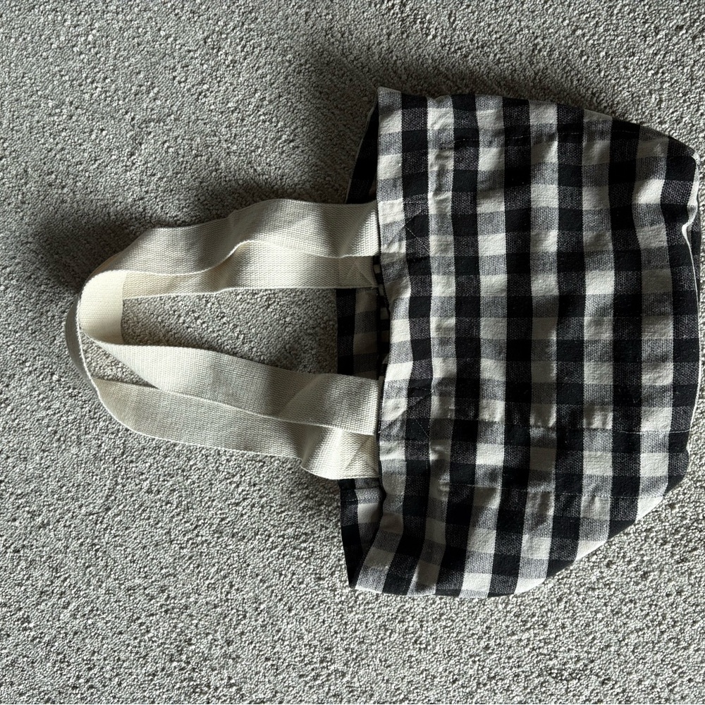 Black and White Checkered Tote Bag with Cream Handles